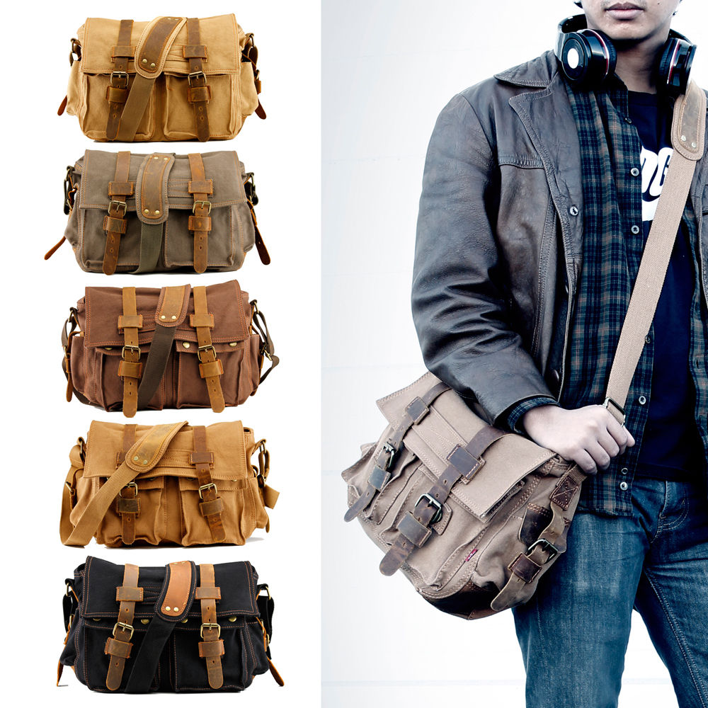 Vintage Canvas Leather Satchel School Military Shoulder Bag for Men